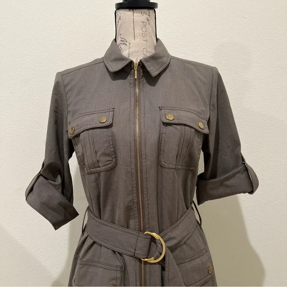 SHARAGANO Stretch Dress Women Size 8P Petite, Roll Tab Sleeves, Pockets, Belted - Picture 5 of 8